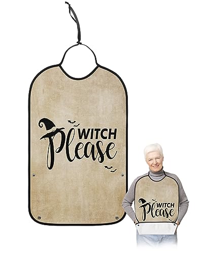 Happy Halloween Adult Bibs for Eating, Waterproof Bibs with Food Catcher & Adjustable Snap Closure, Please Witch Rustic Retro Brown Washable Clothing Protectors Adult Bibs for Elderly Women/Men