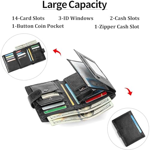 Genuine Leather Wallet for Men Large Capacity RFID Blocking Bifold Wallet with Coin Pocket and 3 Clear ID Windows for Cards and Daily Essentials (Black Texture)3
