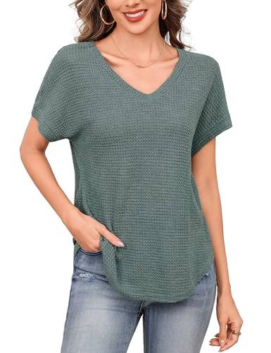 Totatuit Women's V Neck Waffle Knit Shirts Short Sleeve Summer Casual Tops Loose Fit Curved Hem Tunic Blouses Soft Lightweight Tees Gray-Green - image 1