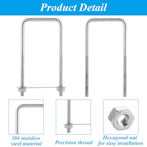 Image of 6 Pcs Square U Bolt (3 /8'' x 3'' x 7''), 304 Stainless Steel U-Bolts for Automobiles Trailer, Ski Boat, Sailboat, Trailer, Industrial Parts
