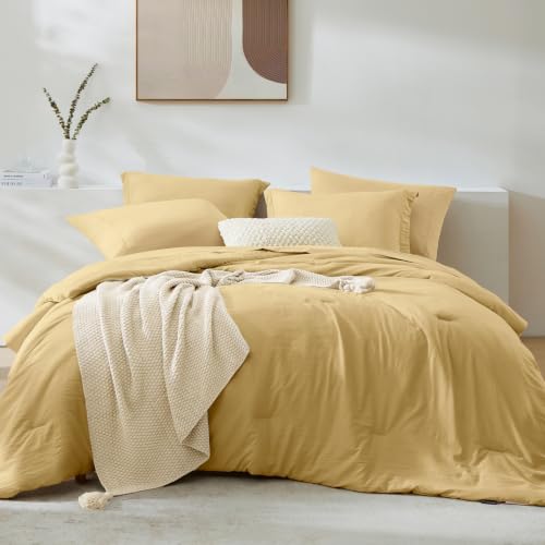 Image of Full Size Comforter Sets-7 Pieces Ultra Soft Bed in a Bag Full Bedding Sets | Prewashed All Season Comforter with Sheets, Pillow Shams & Pillowcases,Butter yellow