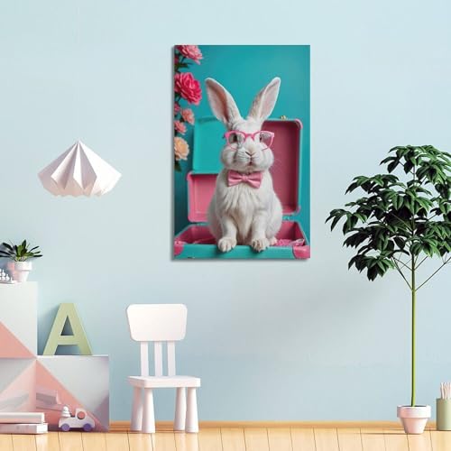 Tableau lapin bleu et rose décoration murale moderne chambre 60x90 - 4
