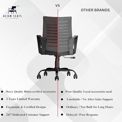 Image of Align Bliz Mesh Computer Chair for Work from Home, Ergonomic Office Seating with Height Adjustment, Armrest Support, Ventilated Backrest, Smooth Swivel Base, 3 Years Warranty - (Orange, Mid Back)