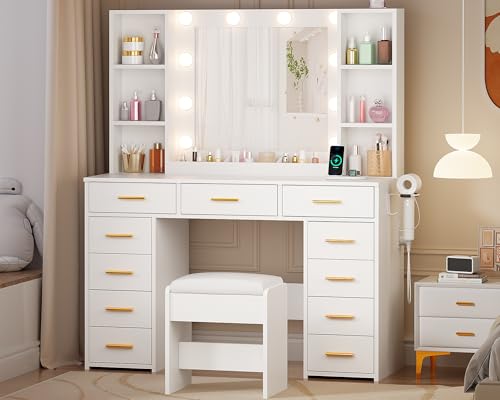 ANWBROAD Makeup Vanity Desk with Mirror and Lights White Vanity Desk with Power Outlet 11 Drawers 9 Shelves 3 Color Lighting Modes Vanity for Bedroom Women UBDT86W - Image 8