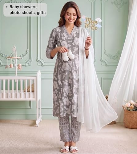 Image of DUMMY SHAPE Feeding Kurtis for Women Cotton Blend | Floral Kurta Pant Dupatta Set with Nursing Zippers to Pre & Post Partum | Maternity Dresses | Mom to Be Gifts for Pregnant Woman