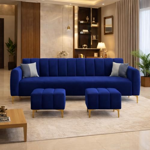 Image of Habibi 5 Seater L Shape Sofa Set with 2 Movable Ottomans | Flexible Layout | Rich Velvet Suede Fabric | Silver Legs | Modern Sofa for Living Room (Dark Blue)