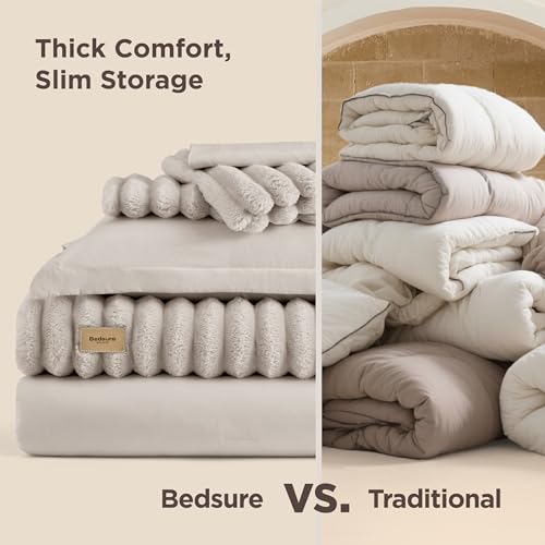 Image of Bedsure Gentlesoft 2-in-1 Queen Comforter Set and Detachable Fluffy Blanket, Beige Bedding Set for All Season Use, Detachable Design for Space Saving (Includes 2 Pillow Shams, 2 Pillowcases)