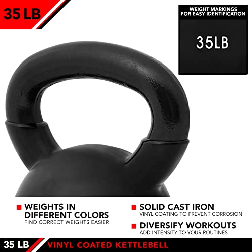 JFIT Vinyl-Coated Cast Iron Kettlebell Weight – Flat Bottom Kettlebell for Strength Training, Cross Training & Home Gym Workouts, 35LB-Black by JFIT - Image 4