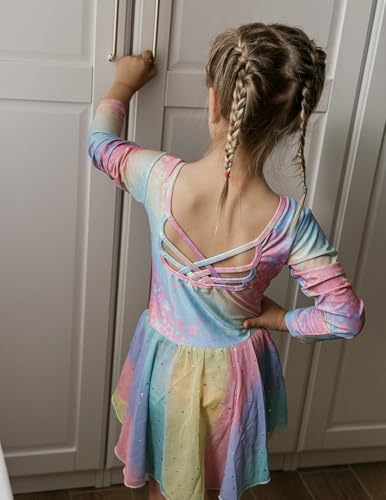 Image of Arshiner Girls Long Sleeve Ballet Leotards with Shinny Skirts Criss-Cross Back Dance Dresses