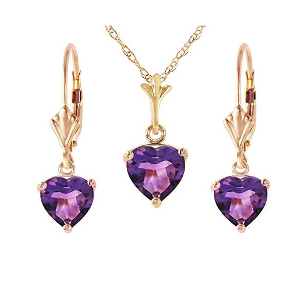 14k Yellow Gold Jewelry Set - Necklace and Earrings w/Natural Heart-shaped Purple Amethysts