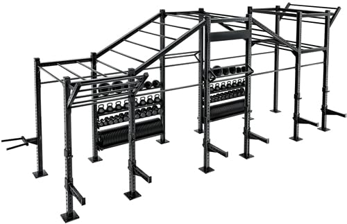 French Fitness Free Standing Rig Rack System 11 Multi-Level Incline Monkey Bars Pull-Up Bars J Hooks Spotter Arms
