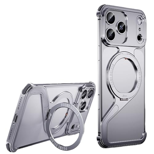 IPhone 17 / 17 Pro / 17 Pro Max 用 Z型メタルバンパーケース、フレームレス超軽量アルミ合金保護カバー、360°回転リングスタンド付き、放熱構造・耐衝撃・MagSafe対応(Silver,17)