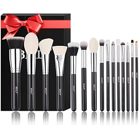 Makeup Brushes BEILI 15pcs Professional Makeup Brush Set Natural Goat Hair Premium Synthetic Kabuki Foundation Face Powder Blush Concealer Eye Shadow Blending Eyeliner Make Up Brush Set (Black/Silver) Cover