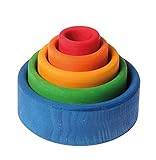 Grimm's Set of 5 Small Wooden Stacking & Nesting Rainbow Bowls, Blue Outside