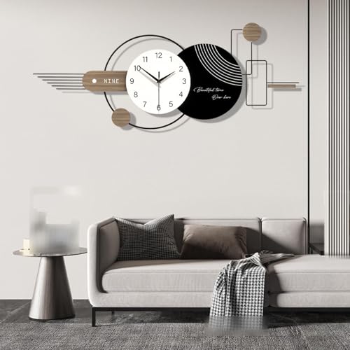 Grande Orologio da Parete moderna e Creativa, Geometrica con Forme Circolari Decorazione da Parete, Silenzioso Orologio da Parete XXL per Soggiorno Camera da Letto Ufficio, 100x40cm (Bianco e Nero)