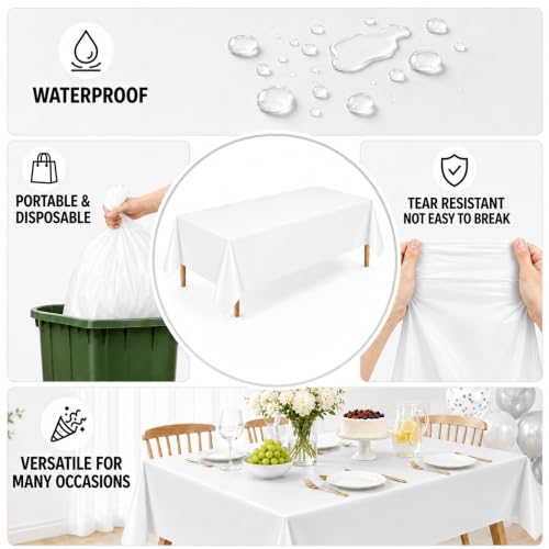 Image of 6 Pack White Plastic Tablecloths, 54 x 108 Inch Disposable Covers | Ideal for Weddings, Bridal Showers, Birthdays and Graduations, Helping Protect Tabletops and Simplify Event Cleanup