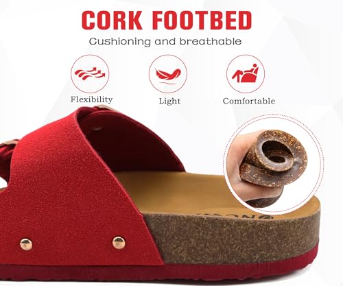 Image of ONCAI Womens Flat Slide Sandals with Arch Support 2 Strap Adjustable Buckle Slip on Slides Shoes Non Slip Rubber Sole