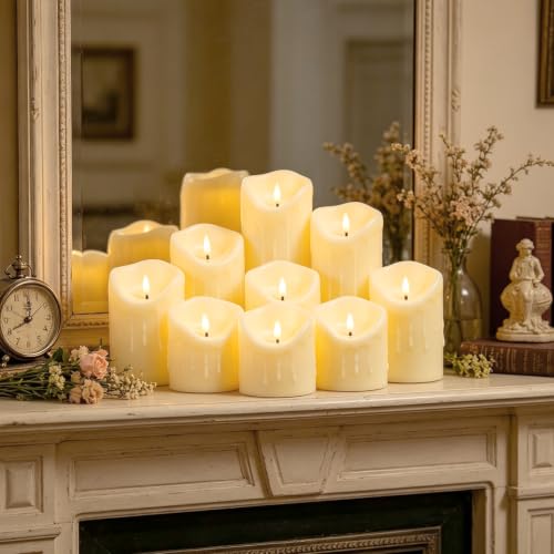 Image of Nimiko Flameless Candles with Remote, Battery Operated Flickering Flameless Candles, LED Candles with Timer 2 /4 /6 /8H, Realistic Drop Wax flameless Candle Set of 9 (D3 x H 3 inch 4 inch 5 inch 6 inch 7 inch) (Ivory)