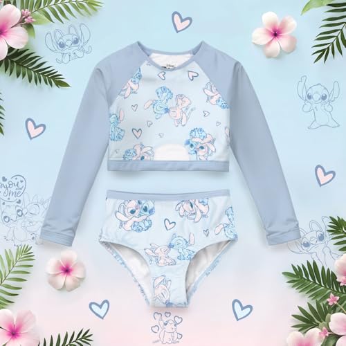 Image of Disney Lilo & Stitch Girls 2-Piece Swimsuit Set, Long-Sleeved Rash Guard and Bikini Bottoms, Quick-Drying Swimwear for Kids