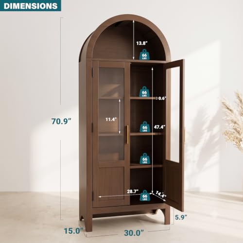 Image of Arched Storage Cabinet with 2 Doors and 5-Tier Shelves for Living Room, 71 inch Tall Wooden Pantry Cabinet for Dining Room and Kitchen, Floor Bathroom Organizer, Brown