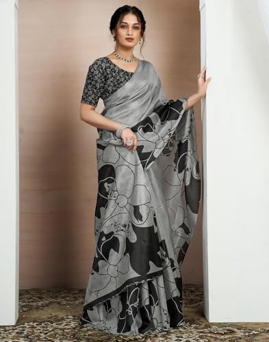 Image of SIRIL Women's Cotton Printed Saree With Unstitched Blouse Piece