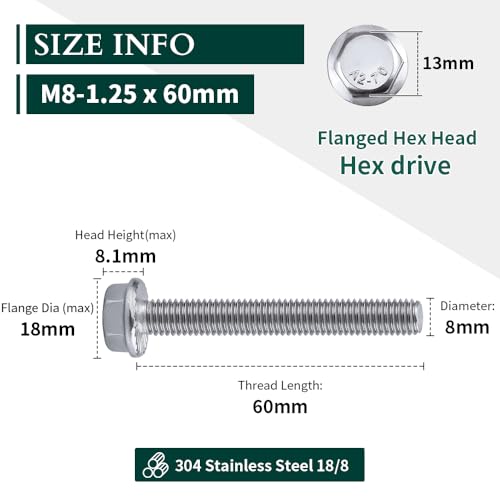 Image of M8-1.25 x 60mm Hex Flange Bolt (2.36 inch Thread Length), DIN6921, Serrated Locking Flange, 304 Stainless Steel, UNC Full Thread, 10-Pack