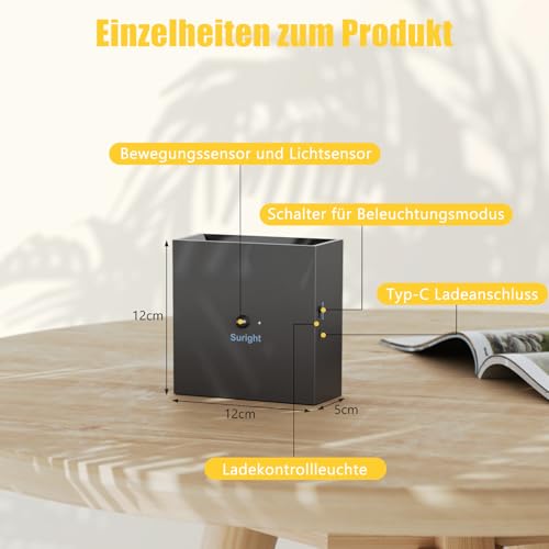 Suright Akku Wandleuchte mit Bewegungsmelder, LED Aufladbare Wandleuchte Innen mit 3 Modi (AUTO/AUS/EIN), 3000K Warmweiß Wandlampe Kabellos für Treppe, Flur, Wohnzimmer, Schlafzimmer, Garage, Schwarz