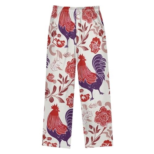 Rooster Rose Floral Boys Long Pants Soft Trousers Elastic Waist Kids Lounge Bottoms with Pockets S-XL2