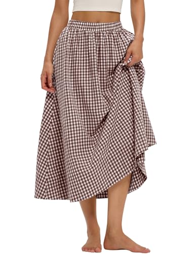 LOMON Midi Skirts for Women A-Line Cotton Flowy Summer Skirt with Pockets Elastic High Waist Boho Beach Vacation Casual Maxi Skirt (Coffee Plaid S)
