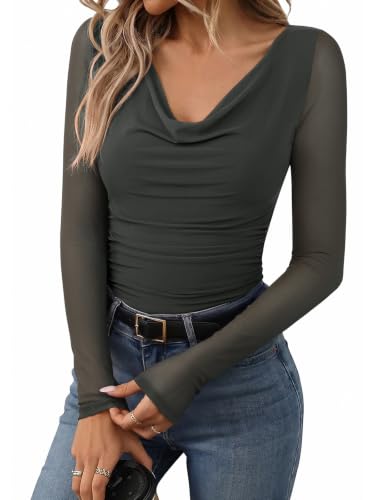 PINKMSTYLE Women Cowl Neck Mesh Long Sleeve Thong Bodysuit Date Night Top Gray Green Medium