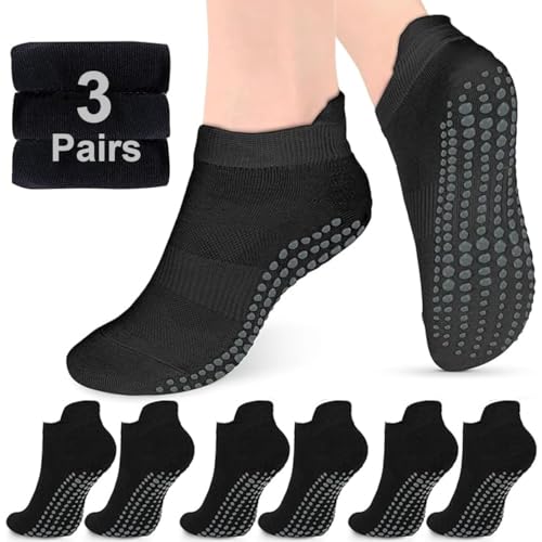 ZANZER 3 Pairs Grip Socks for Women Men Pilates Grip Socks Non Slip Yoga Sock with Grips for Barre Barefoot Hospital Grippy Sock (U.S. men's sizes 11-12.5, Black + Black + Black)