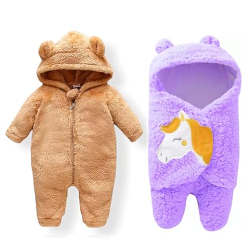 Image of BABYZONE Baby Bear Hooded Fleece Romper and Swaddle Wrap Set, Plush Teddy Design, Brown (2, Brown&Purple, Baby)