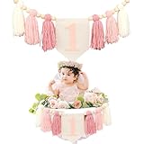 Ereniko Boho Pink Handmade 1st Birthday High Chair Banner First Highchair Banner For Baby Girls Wild One Wall Hangings Wood Bead Tassel Garland 1 Birthday Party Decorations Photoshoot Props Photo Props