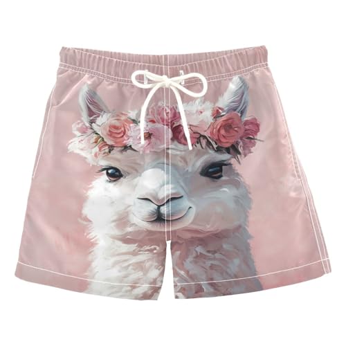 DOMIKING Floral Alpaca Toddler Boys' Swim Trunks Mesh Lining Swim Shorts for Hiking Swimming Adjustable Waist 2T