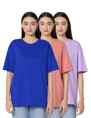 Image of JUNEBERRY 100% Pure Cotton Drop Shoulder Oversized Baggy Fit Half Sleeve Plain Solid Round Neck Multicolor T-Shirt Combo for Women & Girls (Pack of 3) (Sizes S-2XL)