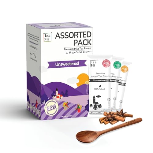 TeaFit Premium Unsweetened Assorted Instant Tea Premix - 24 Single Serve Sachets | Ginger-Cardamom-Masala-Lemongrass | Ready to Drink Instant, Home Like Chai, No Added Sugar