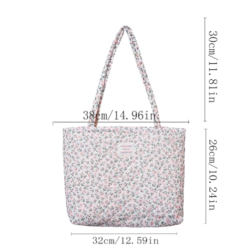 Image of Floral Quilted Cotton Shoulder Bag for Women Daily Use Medium Size Handbag Large Capacity Thickened Design Tote