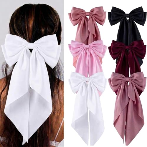 Silky Satin Hair Bows, Oversized Long Tail Bows with Barrette Clips, Coquette Hair Accessories for Women and Girls (Coral-B.Pink-White-Black-Burgundy-D.Rose)