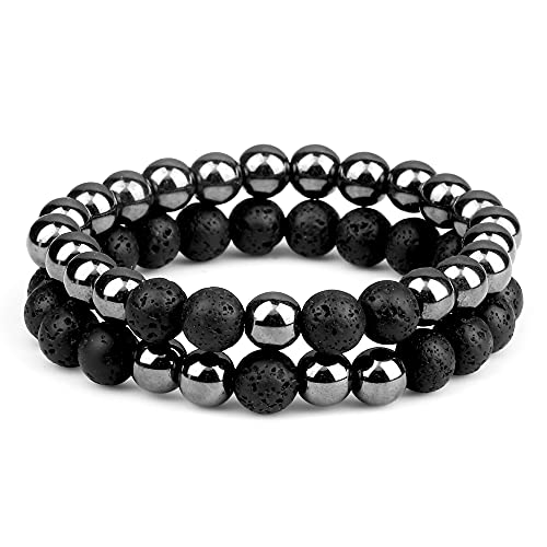 Bracelet perles homme femme en hématite naturelle et pierre de lave pour amant