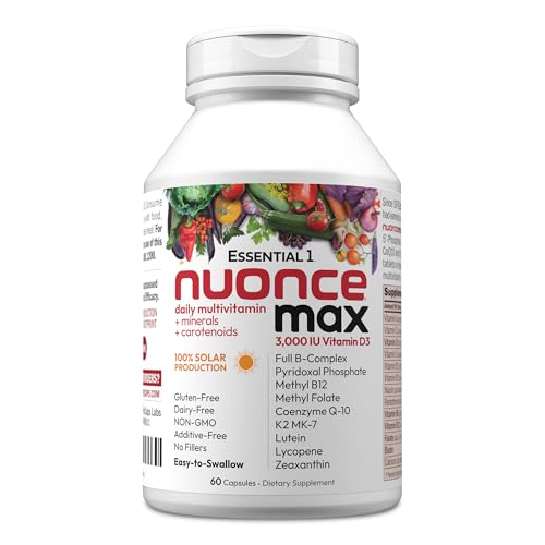 ANDREW LESSMAN Essential-1 nuonce max Multivitamin 3000 IU Vitamin D3 60 Small Capsules. 100 mcg Methyl B12. CoQ10 Lutein Lycopene Zeaxanthin. High Potency. No Additives. Ultra-Mild One Daily Capsule