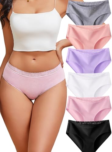 Image of READY TO LOVE Cotton Underwear for Women 6Pack Sexy Bikini Panties Clothing | Lace Waistband,Full Coverage,Essentials Womens Lingerie Fashion Clothing,for Fitness Workout Vacation Travel Women Outfits