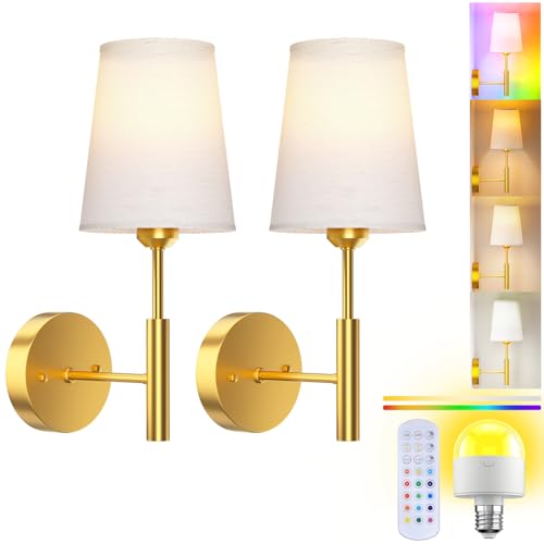 Battery Operated Wall Lights, Rechargeable Wireless Wall Sconce Set of 2 with Remote Control, 3 Color Temperatures & RGB Dimmable, 5600mAh E27 Bulb, Wall Lights for Living Room, Bedroom, Hallway