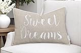 Rudransha Embroidered Quote Lumbar Pillow Cover - 12x18 Inch Natural Linen - Sweet Dreams