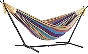Vivere Double Cotton Hammock with Space Saving Steel Stand, Tropical (450 lb Capacity - Premium Carry Bag Included)
