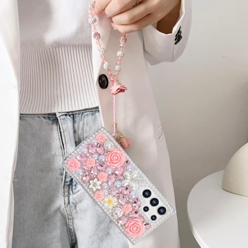 Image of Changjia for Samsung Galaxy S24 Ultra Glitter Bling Case, Cute Luxury 3D Sparkle Crystal Rhinestone Flowers Diamond Pearl with Lanyard Wrist Strap Women Girls Case for Galaxy S24 Ultra 6.8 Inch (Pink)