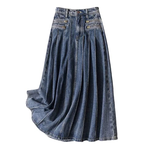 Women's Vintage Pleated Skirt Mid Length Zipper Denim High Waisted Long Casual Skirts