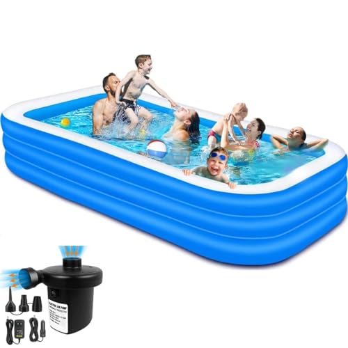 Image of mygezi 10 Feet Rectangular Inflatable Pool with Electric Pump Family Full-Sized Swimming Bathtub for Kids Outdoor Garden Summer Party (Blue)