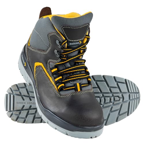Image of Mallcom Ontilla Black Safety Shoes for Men, Brown Nubuck Suede Leather, High Ankle Safety Boot with Steel Toe, Injected Double Density PU Sole, Light Weight, Comfort & Slip Resistance, Size- 5UK-12UK