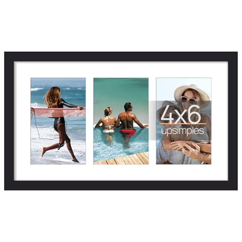 upsimples 8x14 Collage Picture Frame Display Pictures 3 4x6 with Mat or 8x14 Without Mat Wall Hanging 3 4x6 Picture Frame Collage Wall Decor Black 1 Pack