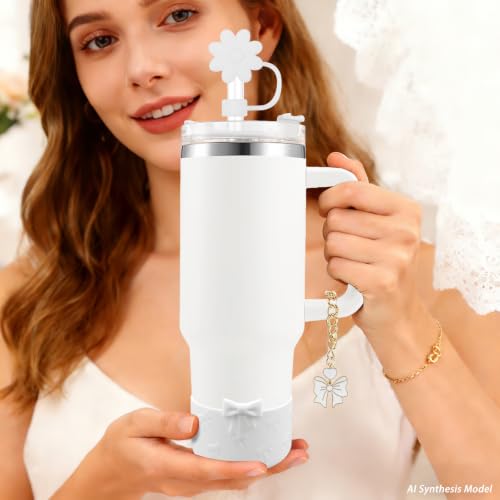 Hpebl 7Pcs White Cup Accessories for Stanley Cups 40/30oz with Handle Including Bow Silicone Straw Cover Topper Boot Spill-Proof Stopper Set Bow Handle Charm for Stanley Tumbler Accessories — view 2